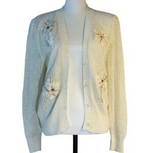 VTG Cottagecore Button-Up Rosette Appliques Cardigan Women No Tag Ivory Pink